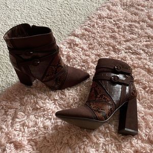 JustFab brown ankle snakeskin boots